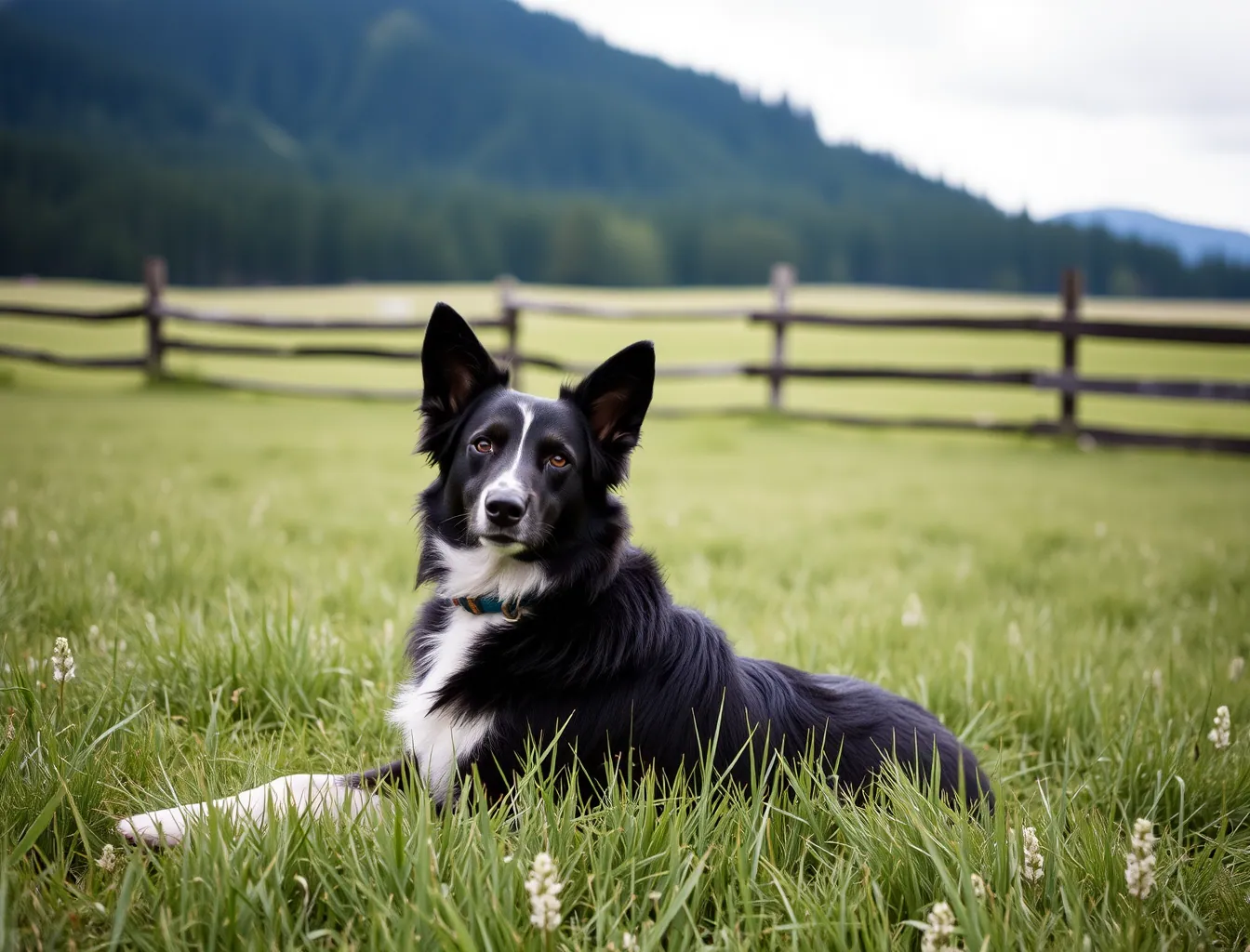 Stand-in photo: a Border Collie resting in the grass by a ranch fence