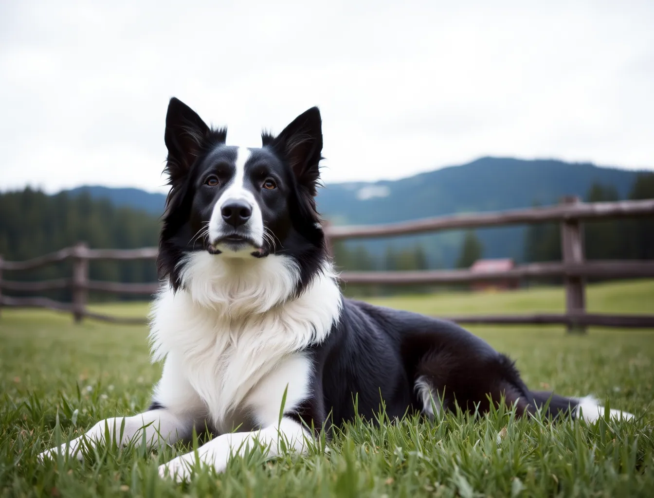 Stand-in photo: a Border Collie lying in pasture with fir-covered foothills behind