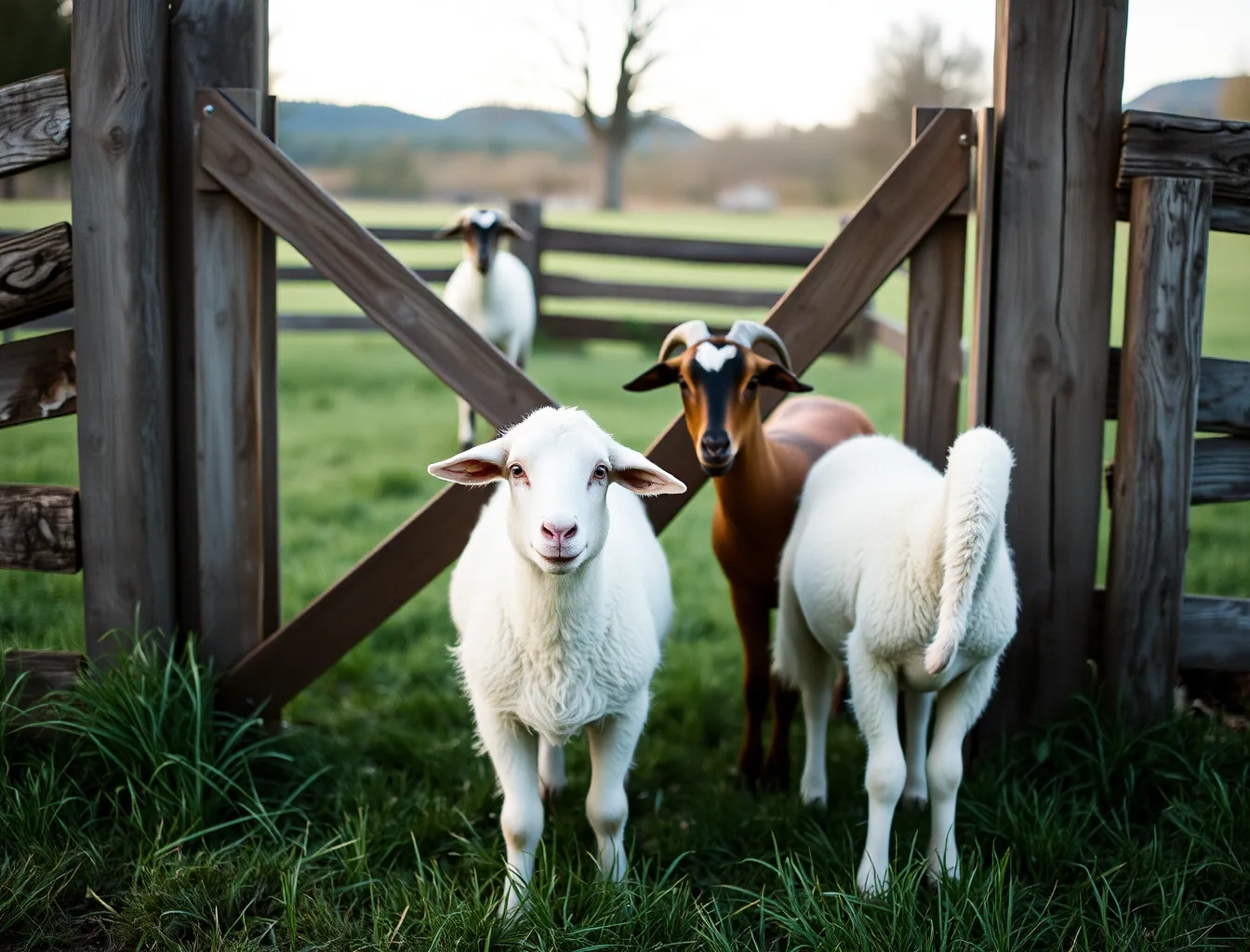 Stand-in photo: two white sheep and a brown goat at a paddock gate