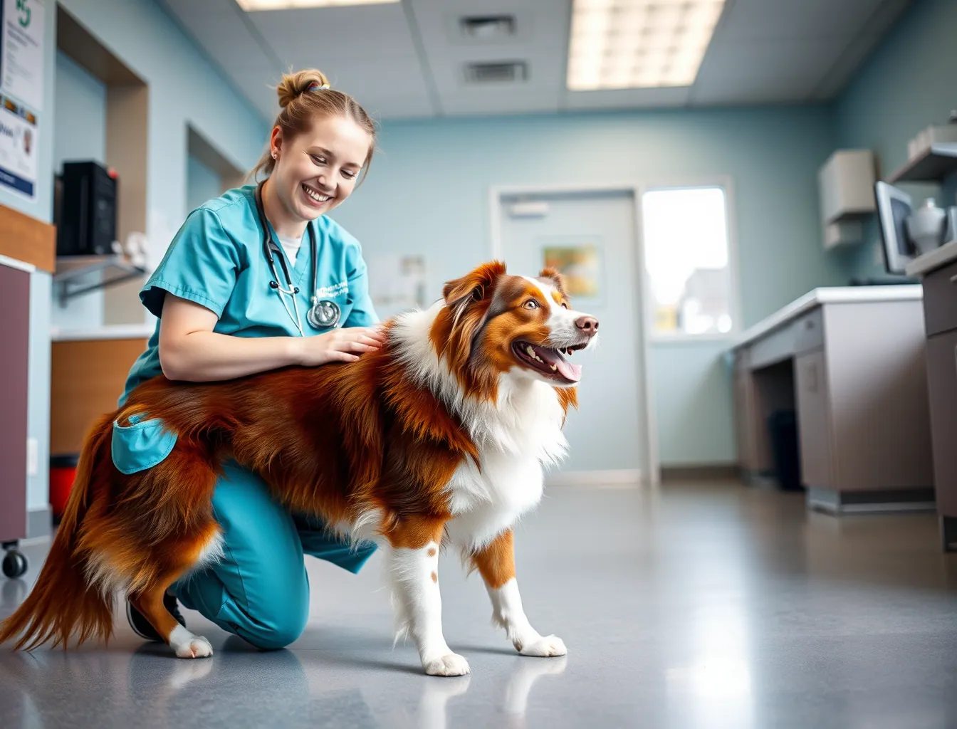 Stand-in photo: a veterinary technician kneeling beside a red and white Australian Shepherd