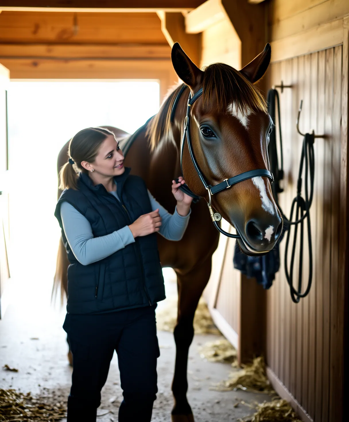 Stand-in photo: a veterinarian with a chestnut horse in a barn aisle