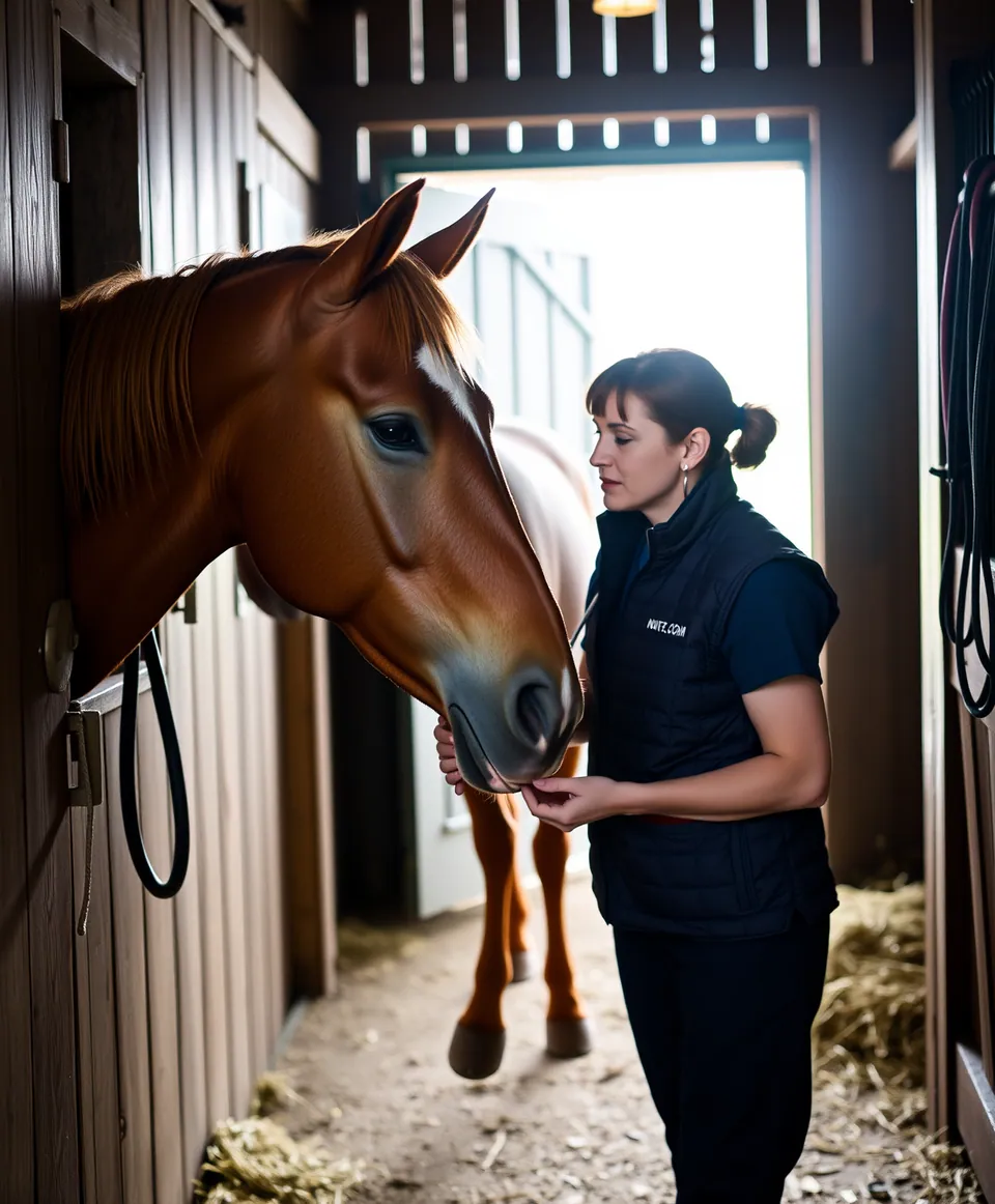 Stand-in photo: a veterinarian checking a bay horse at its stall door